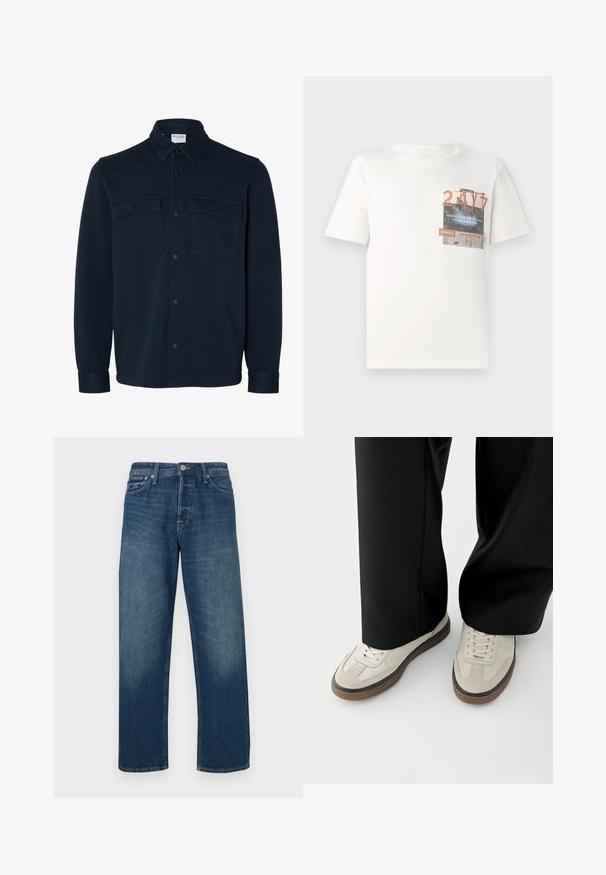 Tmavomodrá košeľová bunda s dlhými rukávmi, golierom a dvoma náprsnými vreckami s gombíkovými klapkami.; TOM TAILOR DENIM Tričko s potlačou - gardenia white; Tmavomodré džínsy z denimu s rovnými nohavicami, vybavené klasickým zapínaním na gombíky a piatimi vreckami. Jemné vyblednutie na prednej strane.; Nohy v béžových teniskách s hnedými podrážkami a čierne široké nohavice na bielom pozadí.