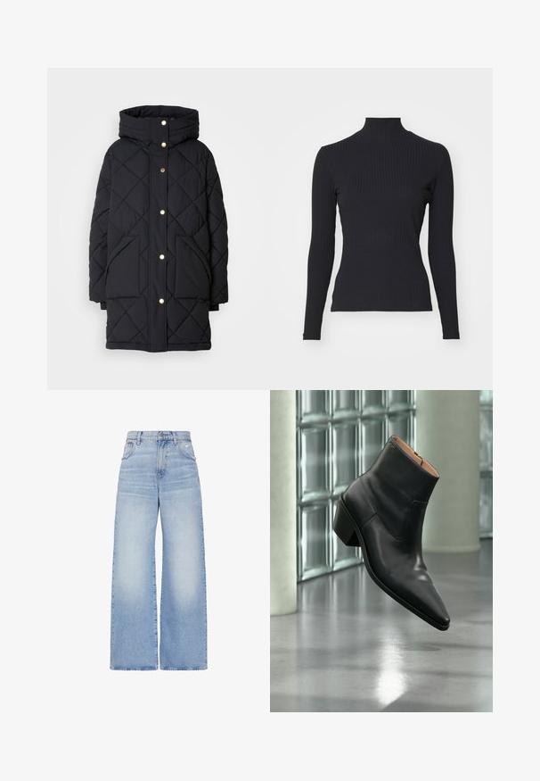 Gesteppten schwarzen Pufferjacke mit Kapuze, ausgestattet mit goldenen Druckknöpfen und zwei Fronttaschen, aus isolierendem Material für Wärme.; Schwarzes, geripptes Rollkragenoberteil mit langen Ärmeln. Aus dehnbarem Stoff mit figurbetonter Passform und hohem Kragen. Einfaches Design ohne Verzierungen.; Hellblaue Jeans mit hoher Taille und weitem Bein, vorne mit Knopf- und Reißverschluss, vorderen und hinteren Taschen sowie einem leicht verwaschenen Detail an der rechten Tasche.; Schwarzer Leder-Stiefelette mit spitzer Schuhspitze und Blockabsatz, der über einem reflektierenden grauen Boden nahe einer Glassteinwand schwebt.