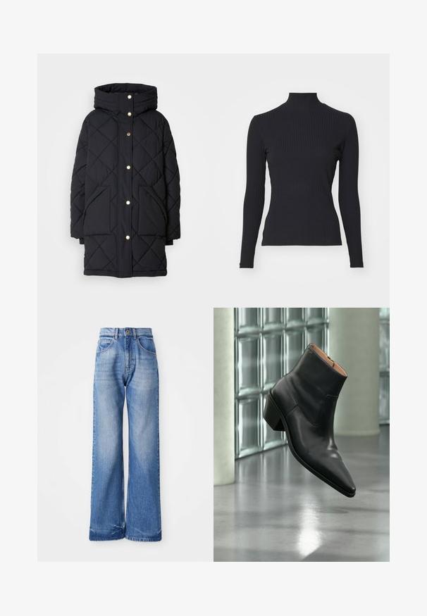 Gesteppten schwarzen Pufferjacke mit Kapuze, ausgestattet mit goldenen Druckknöpfen und zwei Fronttaschen, aus isolierendem Material für Wärme.; Schwarzes, geripptes Rollkragenoberteil mit langen Ärmeln. Aus dehnbarem Stoff mit figurbetonter Passform und hohem Kragen. Einfaches Design ohne Verzierungen.; Helle blaue weite Jeans aus Denim, mit hoher Taille, fünf Taschen und subtilen Waschungen an der Vorderseite für Textur.; Schwarzer Leder-Stiefelette mit spitzer Schuhspitze und Blockabsatz, der über einem reflektierenden grauen Boden nahe einer Glassteinwand schwebt.