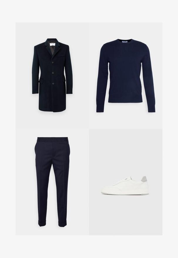Manteau en laine marine au fit ajusté, design à un seul boutonnage, revers crantés et trois boutons. Comprend deux poches latérales et une poche poitrine.; Pull à col rond bleu marine en tissu doux, avec des manches longues et un ourlet côtelé. Pas de motifs ni d'ornements visibles.; Pantalons bleu marine avec une texture lisse, dotés d'une taille élastique et de poignets retroussés, conçus dans une coupe fuselée avec des poches latérales.; Baskets basses blanches avec un onglet de talon gris, des lacets blancs et une semelle texturée, présentées sur un fond uni clair.