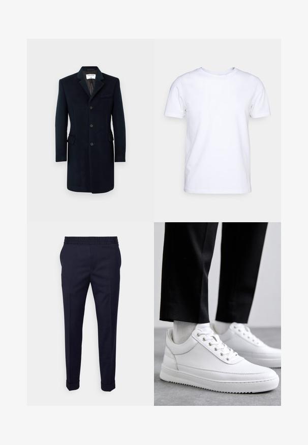 Manteau en laine marine au fit ajusté, design à un seul boutonnage, revers crantés et trois boutons. Comprend deux poches latérales et une poche poitrine.; T-shirt blanc à manches courtes en tissu de coton avec un col rond. Design simple sans motifs ni accents. Texture lisse.; Pantalons bleu marine avec une texture lisse, dotés d'une taille élastique et de poignets retroussés, conçus dans une coupe fuselée avec des poches latérales.; Baskets blanches en cuir avec une semelle en caoutchouc plat, présentant une finition lisse, un bout rond et des œillets en métal pour les lacets. Portées avec un pantalon noir.