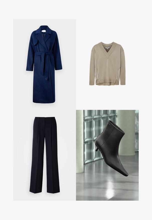 Navyblauwe, lange mouwen badjas met een brede kraag, ceintuur in de taille, twee voorkwant en een zachte, gestructureerde stof.; Beige lange mouwen V-hals trui met geribbelde manchetten en zoom, met zijkant accenten en een lichte high-low zoomdetail.; Marineblauwe wijde broekspijpen met plooien, vervaardigd uit gladde stof. Voorzien van een getailleerde tailleband en een gestroomlijnde silhouet.; Zwarte leren enkellaars met puntige neus en lage hak, afgebeeld tegen een glazen blokkenmuur en gepolijste vloer op de achtergrond.