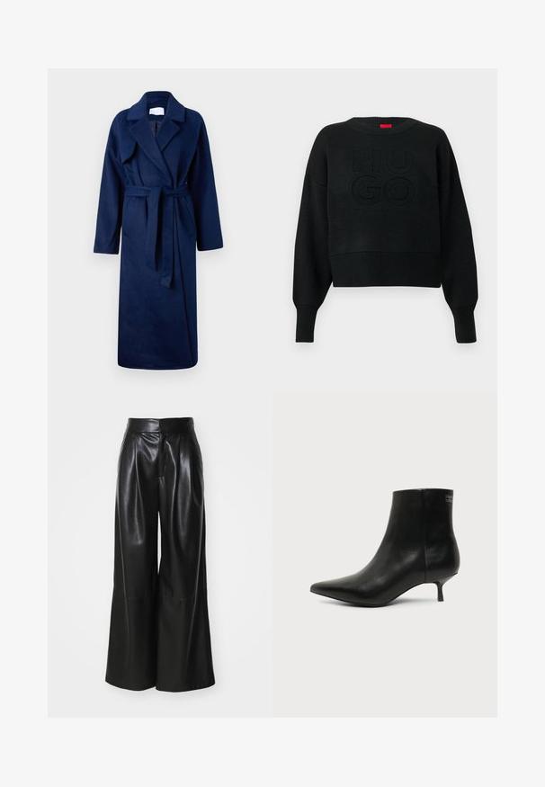 Robe bleu marine à manches longues avec un large col, une taille ceinturée, deux poches avant et un tissu doux et texturé.; Pull court noir à texture côtelée avec un col rond, arborant un logo "HUGO" embossé sur le devant et des poignets côtelés.; Pantalons large en faux cuir noir, taille haute, avec un devant plissé et une texture lisse. Caractéristiques d'un design épuré et minimaliste.; Bottine en cuir noir avec bout pointu et petit talon kitten sur fond clair, vue côté extérieur.
