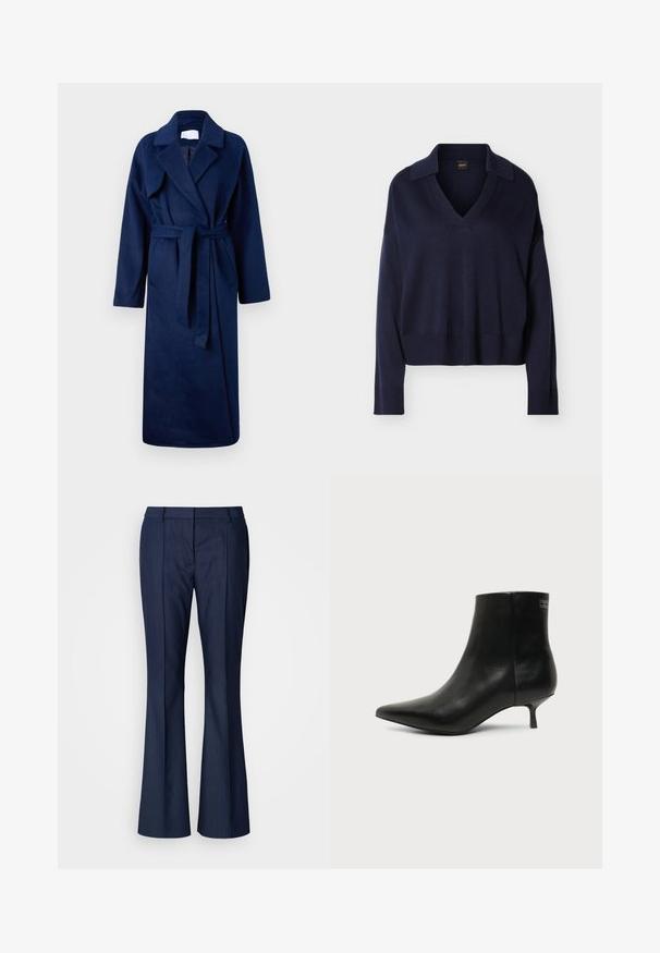 Navyblauwe, lange mouwen badjas met een brede kraag, ceintuur in de taille, twee voorkwant en een zachte, gestructureerde stof.; Marineblauwe lange mouw V-hals trui met kraag, geribbelde manchetten en zoom, weergegeven op een effen witte achtergrond.; Marineblauwe uitlopende broek gemaakt van gestructureerde stof met zijplooi en een getailleerde tailleband voor een aansluitende pasvorm.; Zwart leren enkellaars met puntige neus en lage kittenhak op lichte achtergrond, zijaanzicht buitenkant.