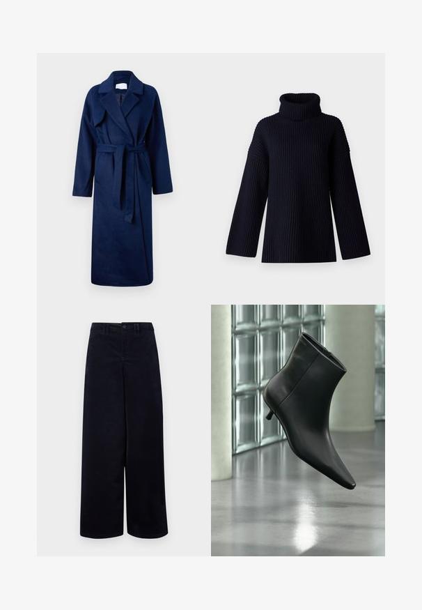 Navyblauwe, lange mouwen badjas met een brede kraag, ceintuur in de taille, twee voorkwant en een zachte, gestructureerde stof.; Navy blauwe coltrui met geribbelde textuur, brede mouwen en een ontspannen pasvorm. Zacht materiaal en minimalistisch ontwerp.; Navy wijde beenbroek van gestructureerde stof. Voorzien van een sluiting met knoop aan de voorkant, riemlussen en zakken aan beide zijden.; Zwarte leren enkellaars met spits toelopende neus en lage kittenhak, schuin weergegeven tegen een gepolijste vloer en een glazen blokken muur als achtergrond.