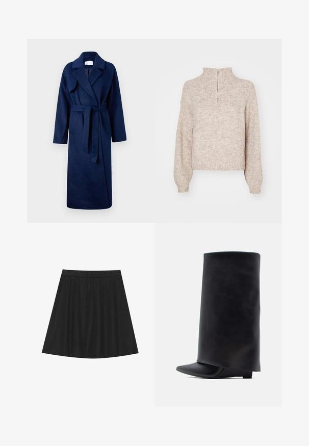 Robe bleu marine à manches longues avec un large col, une taille ceinturée, deux poches avant et un tissu doux et texturé.; Pull en tricot beige avec un col montant et une fermeture éclair mi-hauteur. Présente de longues manches légèrement bouffantes et un ourlet côtelé. Matière texturée et douce.; Jupe A-line noire en tissu léger. Dotée d'une taille lisse et d'un ourlet évasé, elle offre une silhouette classique.; Bottines en cuir noir avec une tige haute cylindrique, un bout pointu et un talon plat bas, présentant une texture lisse et un design minimaliste.