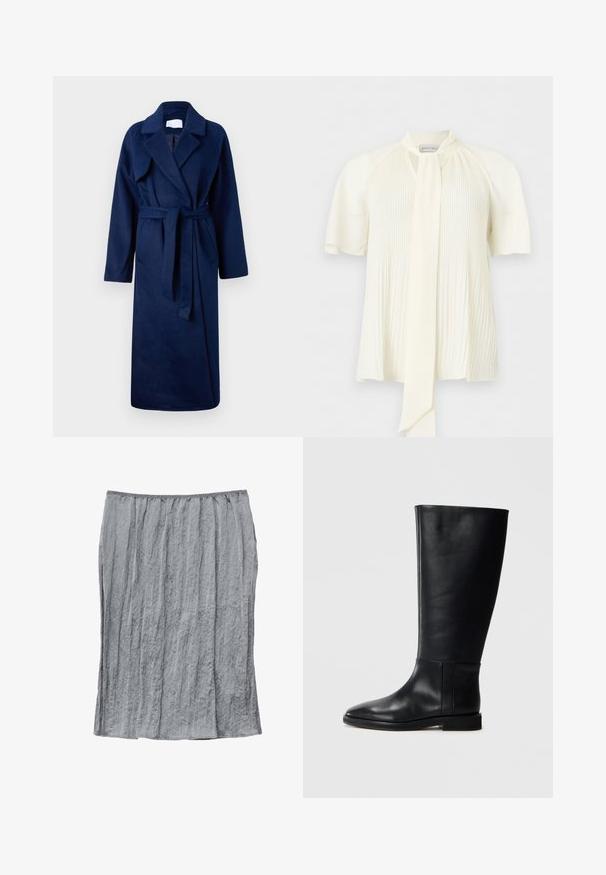 Navyblauwe, lange mouwen badjas met een brede kraag, ceintuur in de taille, twee voorkwant en een zachte, gestructureerde stof.; Crèmekleurige blouse met korte pofmouwen, verticale plooien aan de voorkant en een lange nekstrikdetail.; Grijze geplooide rok van lichtgewicht stof, met een zachte textuur, elastische tailleband en een lengte tot op de knie. Eenvoudig en veelzijdig ontwerp.; Zwarte leren kniehoge laars met een ronde neus, een gladde textuur, een minimalistisch ontwerp en een platte zool. Eenvoudige stikdetails op de schacht.