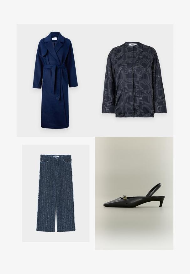 Robe bleu marine à manches longues avec un large col, une taille ceinturée, deux poches avant et un tissu doux et texturé.; Blouse marine avec un motif géométrique blanc, dotée d'un col mandarin et de manches longues, fabriquée en tissu lisse et brillant.; Pantalon en jean à jambes larges de couleur bleu foncé avec une finition texturée, coutures latérales effilochées, quatre poches et une fermeture avant à boutons.; Escarpin slingback en cuir noir avec talon kitten, bout pointu et petite boucle dorée sur un fond uni.