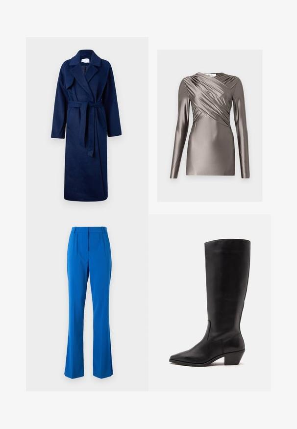Robe bleu marine à manches longues avec un large col, une taille ceinturée, deux poches avant et un tissu doux et texturé.; T-shirt à manches longues en tissu taupe métallique, avec un design avant drapé et des détails texturés sur les manches. Silhouette lisse et ajustée.; Pantalons tailleurs bleus avec taille haute, devant plissé et jambes évasées avec fentes sur les côtés, fabriqués en un tissu lisse et léger.; Botte en cuir noire mi-mollet avec un bout pointu et un talon bas incliné sur un fond clair uni.