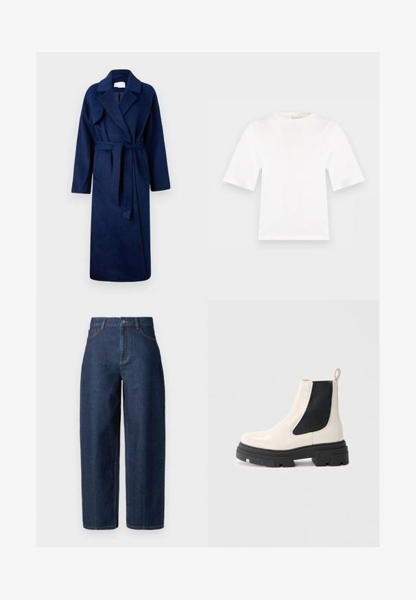 Robe bleu marine à manches longues avec un large col, une taille ceinturée, deux poches avant et un tissu doux et texturé.; T-shirt blanc à manches courtes avec col rond, coupe droite et texture de tissu lisse, présenté sur un fond plat gris clair.; Jeans en denim bleu foncé taille haute, à jambe droite, avec fermeture à boutons, passants de ceinture, et poches avant et arrière, sur fond blanc.; Bottines Chelsea en cuir crème avec semelle noire épaisse et panneau latéral élastique noir sur fond blanc uni.