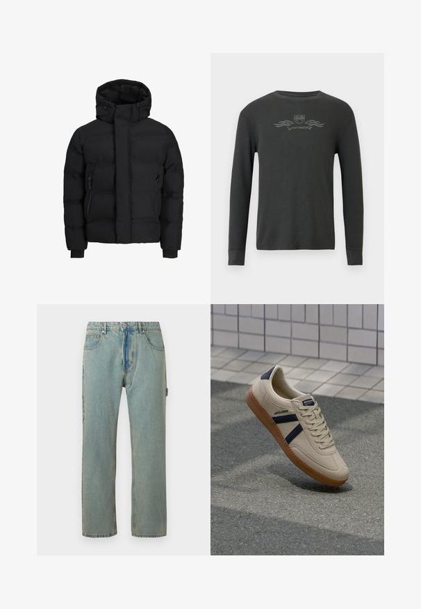 Μαύρο μπουφάν τύπου puffer με ψηλό γιακά, ρυθμιζόμενη κουκούλα, πλευρικές τσέπες με φερμουάρ και μανίκια με μανσέτες, σχεδιασμένο για κρύο καιρό.; Σκούρο γκρι θερμικό πουκάμισο μακρυμάνικο με ριμπ υφή. Διαθέτει μικρό γραφικό λογότυπο στο στήθος και εφαρμοστά μανίκια.; Γαλάζια, άνετα τζιν με πέντε τσέπες, κλείσιμο με κουμπί και ορατές ραφές. Το ύφασμα έχει ξεθωριασμένη, υφής εμφάνιση.; Μπεζ αθλητικά παπούτσια με υφή, ναυτικά ρίγες και καουτσούκ σόλα. Διαθέτουν επενδεδυμένη γλώσσα και παραδοσιακό σύστημα δεσίματος για σφιχτή εφαρμογή.