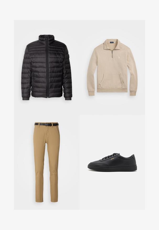 Sort dunjakke med horisontale syninger, høj krave og lynlås lukning. Har elastiske manchetter og sidelommer for ekstra funktionalitet.; Beige pullover sweatshirt med en kvart lynlås krave, ribbede manchetter, en lomme foran, og et lille logo på brystet. Blødt, fleece-lignende materiale.; Khaki bukser med slim fit design, lavet af blødt stof. Har et sort bælte, to forlommer og en lige benpasform.; Sorte lædersneakers med en glat overflade, rund tå, flad gummisål og tonede snørebånd. Udstyret med guld "BOSS" branding på siden.