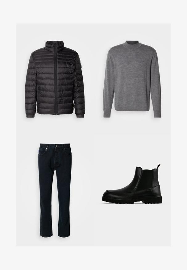 Schwarze Daunenjacke mit horizontalen Nähten, hohem Kragen und Reißverschluss. Verfügt über elastische Bündchen und Seitentaschen für zusätzliche Funktionalität.; Grauer Langarmpullover aus Strickmaterial, mit einem Stehkragen und einem dezenten Logo auf der Brust. Glatte Textur und figurbetonter Schnitt.; HUGO JONAH - Jeans Straight Leg - dark blue; Schwarzer Lederknöchelstiefel mit strukturierter Sohle, elastischen Seitenteilen und Zuglasche vor einem hellgrauen Hintergrund.