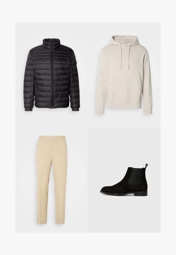 Chaqueta de plumón negra con costuras horizontales, cuello alto y cierre de cremallera. Cuenta con puños elásticos y bolsillos laterales para mayor funcionalidad.; Sudadera de color beige claro hecha de tejido suave, con un bolsillo frontal, cordones y un pequeño logo cuadrado en el pecho. Mangas largas y puños acanalados.; Pantalones de color beige ajustados con un diseño de pierna recta, elaborados en una tela ligera, que presentan dos bolsillos frontales y pliegues bien planchados.; Botín Chelsea de ante negro con paneles elásticos laterales, punta redondeada y una lengüeta. Suela plana con un discreto logo en relieve en el talón.