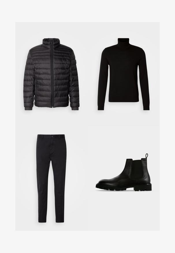 Sort dunjakke med horisontale syninger, høj krave og lynlås lukning. Har elastiske manchetter og sidelommer for ekstra funktionalitet.; Sort turtleneck sweater lavet af et fint strikket stof, der har lange ærmer og en tætsiddende silhuet. Glat tekstur med ribbede manchetter.; Sort chinos med en glat overflade, knaplukning og tætsiddende design. Ideel til afslappet eller semi-formelt tøj.; Sort læder ankel Chelsea støvle med tyk rillet sål, elastiske sidepaneler og trækflig på ens baggrund.