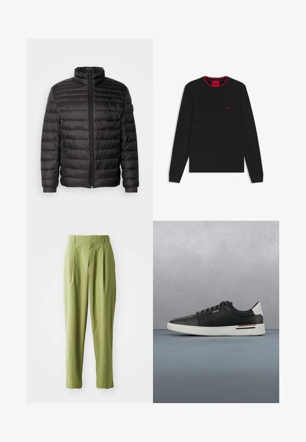 Schwarze Daunenjacke mit horizontalen Nähten, hohem Kragen und Reißverschluss. Verfügt über elastische Bündchen und Seitentaschen für zusätzliche Funktionalität.; Schwarzer Pullover mit langen Ärmeln, Rundhalsausschnitt und einem roten Akzent am Kragen. Verfügt über ein kleines rotes Logo auf der Brust. Glatte Textur.; Hellgrüne Hose aus einem strukturierten Stoff, mit geradem Schnitt, Falten an der Vorderseite und einem normalen Bund.; Schwarze Ledersneaker mit weißer Sohle, ausgestattet mit Perforationen, Schnürdesign, Logo an der Seite und kontrastierenden Fersendetails in Weiß und Braun.