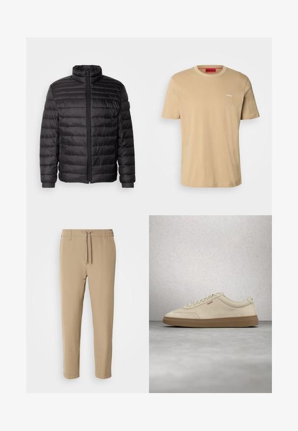 Zwarte donsjack met horizontale stiksels, hoge kraag en ritsluiting. Voorzien van elastische manchetten en zijzakken voor extra functionaliteit.; Beige katoenen t-shirt met een ronde hals, korte mouwen en een klein wit "HUGO" logo op de borst. Een gladde textuur zonder patronen.; Beige, taps toelopende broek met een elastische tailleband en een trekkoord. Glad materiaal met een strakke uitstraling en zonder zichtbare patronen of hardware.; Lichtbeige suède sneaker met een zool van gumrubber, opvallende veters en subtiele stikdetails. Strak ontwerp met een minimalistische uitstraling.