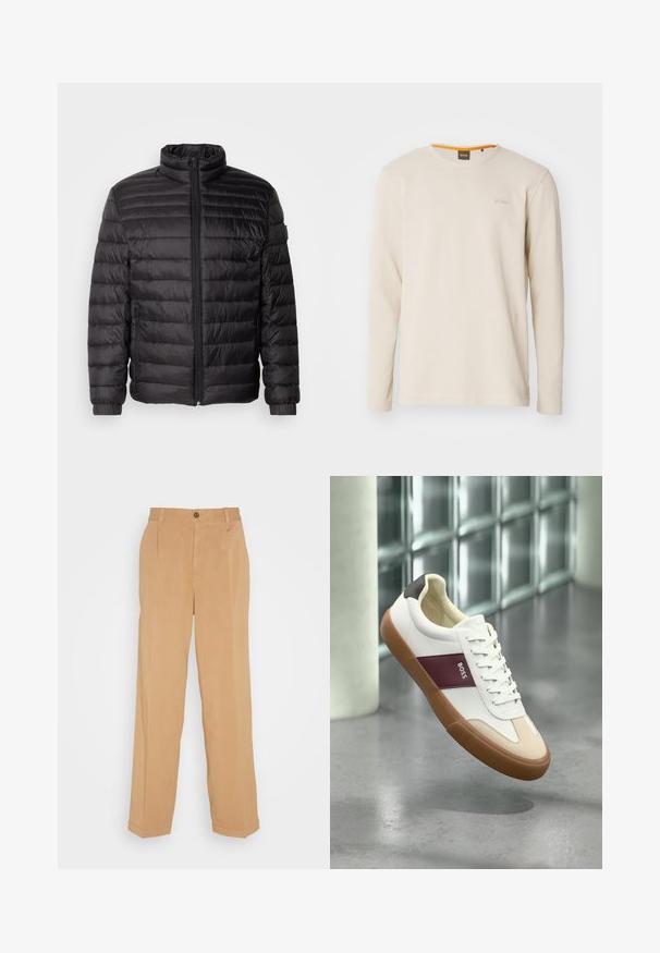 Schwarze Daunenjacke mit horizontalen Nähten, hohem Kragen und Reißverschluss. Verfügt über elastische Bündchen und Seitentaschen für zusätzliche Funktionalität.; Helles beige Langarm-T-Shirt aus strukturiertem Stoff. Mit Rundhalsausschnitt und einem kleinen Logo auf der Brust, das einen orangefarbenen Akzent im Kragen aufweist.; Beige weite Hose aus weichem Stoff, mit zwei frontalen Taschen, einem Knopfverschluss und Bügelfalten entlang der Beine.; Weißer Sneaker mit niedrigem Schaft, brauner Sohle, weinrotem Streifen mit der Aufschrift "BOSS", beigen Zehenakzenten und schwarzer Ferse, der über einem grauen Boden schwebt.