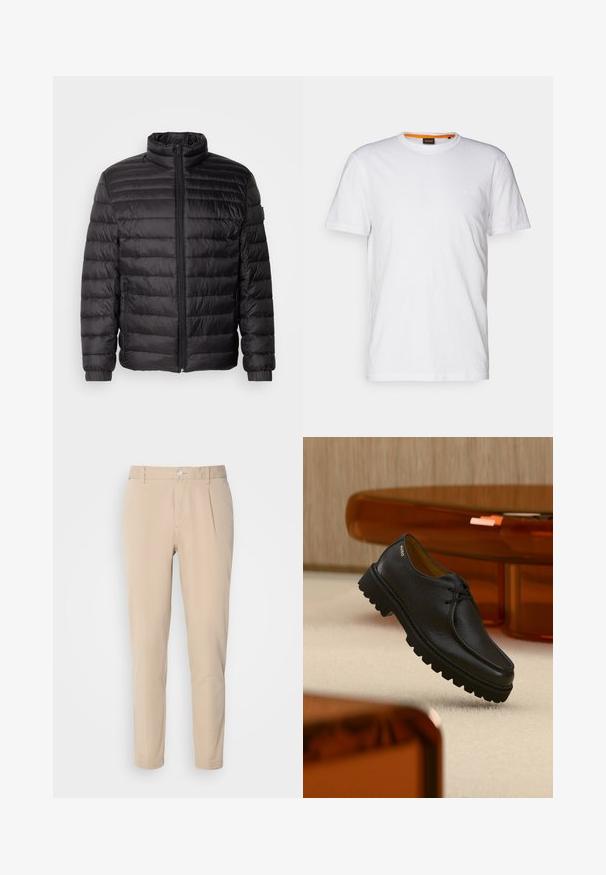 Schwarze Daunenjacke mit horizontalen Nähten, hohem Kragen und Reißverschluss. Verfügt über elastische Bündchen und Seitentaschen für zusätzliche Funktionalität.; Weißes Baumwoll-T-Shirt mit Rundhalsausschnitt, kurzen Ärmeln und einem dezenten geprägten Logo auf der Brust. Das Innenschild hat einen orangefarbenen Akzent.; Beige Hosen mit schmaler Passform, aus gewebtem Material. Sie verfügen über einen einzelnen Knopfverschluss, eine gefalte Vorderseite und gerade Beine.; Schwarzer, strukturierter Leder-Schnürschuh mit dicker, profilierter Sohle, mit dem Markenschriftzug "HUGO" nahe der Ferse, präsentiert vor einem beigen Teppich und bernsteinfarbenen Möbeln.