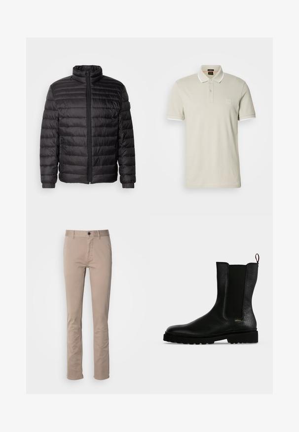 Schwarze Daunenjacke mit horizontalen Nähten, hohem Kragen und Reißverschluss. Verfügt über elastische Bündchen und Seitentaschen für zusätzliche Funktionalität.; Hellbeiges Poloshirt aus Baumwolle. Verfügt über einen klassischen Kragen, eine Zweiknopfleiste und kontrastierende weiße Manschetten. Mit einem Logo-Patch versehen.; Beige Chinos aus Baumwolle mit flachem Schnitt, geradem Bein und klassischem Fünf-Taschen-Design. Mit einem Knopfverschluss.; Schwarzer Leder-Stiefelette mit elastischem Seitenteil, grober Sohle und Zuglasche hinten, mit kleinem goldenem "Hugo" Logo nahe der Ferse.