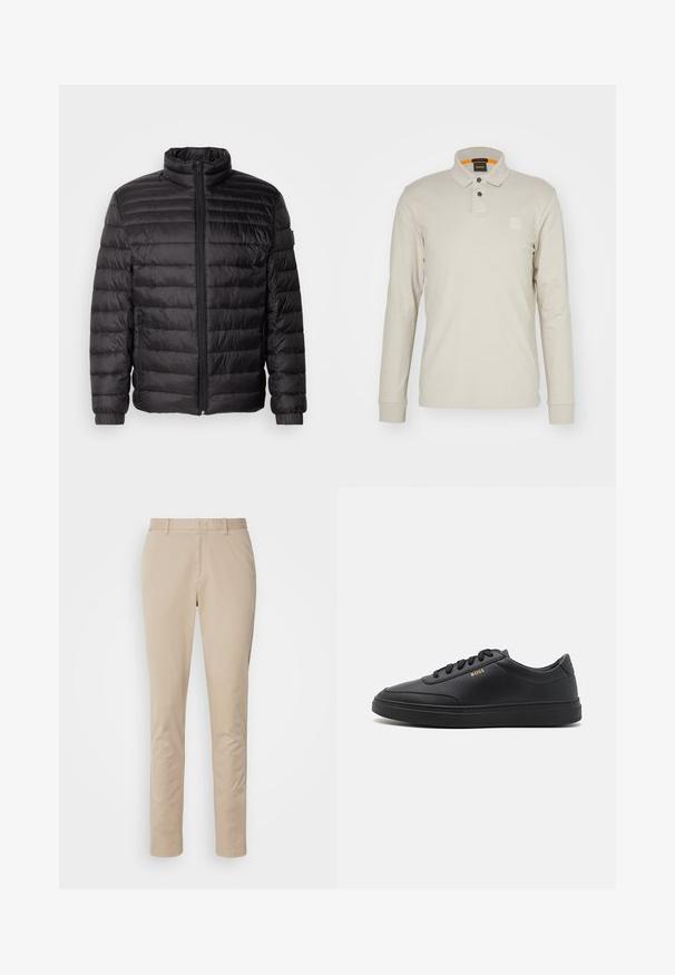 Schwarze Daunenjacke mit horizontalen Nähten, hohem Kragen und Reißverschluss. Verfügt über elastische Bündchen und Seitentaschen für zusätzliche Funktionalität.; Langarm-Polohemd aus hellbeigem Baumwollstoff. Verfügt über einen Kragen, zwei Knöpfe und ein kleines, geprägtes Logo auf der Brust. Oranger innerer Kragen.; Beige Baumwollhose mit geradem Beinschnitt, ausgestattet mit einem Reißverschluss, seitlichen Taschen und dezenten Steppnähten. Glatte Textur.; Schwarze Leder-Sneaker mit glatter Textur, runder Zehenpartie, flacher Gummisohle und einfarbigen Schnürsenkeln. Mit goldfarbenem "BOSS" Logo an der Seite.