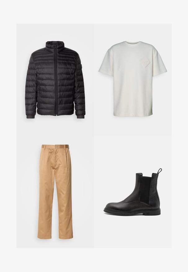 Zwarte donsjack met horizontale stiksels, hoge kraag en ritsluiting. Voorzien van elastische manchetten en zijzakken voor extra functionaliteit.; Korte mouw t-shirt in off-white katoen, met een textuur diamant patch met een reliëf ontwerp op de linkerkant van de borst.; Khaki broek, katoenmix, recht model, voorplooien, riemlussen en knoopsluiting. Gladde textuur zonder patronen.; Emporio Armani Lage laarzen - nero
