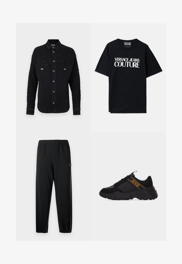 Zwarte, gestructureerde blouse met lange mouwen, twee borstzakken en zilverkleurige knopen aan de voorkant. Gemaakt van geweven stof met een gestructureerd design.; Zwarte katoenen t-shirt met korte mouwen, voorzien van grote witte tekst "VERSACE JEANS COUTURE" op de voorkant. Klassiek ontwerp met ronde hals.; Zwarte joggingbroek met een elastische tailleband, taps toelopende pijpen en een klein merklabel. Gemaakt van een zachte, lichtgewicht stof.; Zwarte chunky sneaker met getextureerde zool, honingraatpatroon nabij de hiel en goudkleurig "Versace Jeans Couture" logo aan de zijkant.