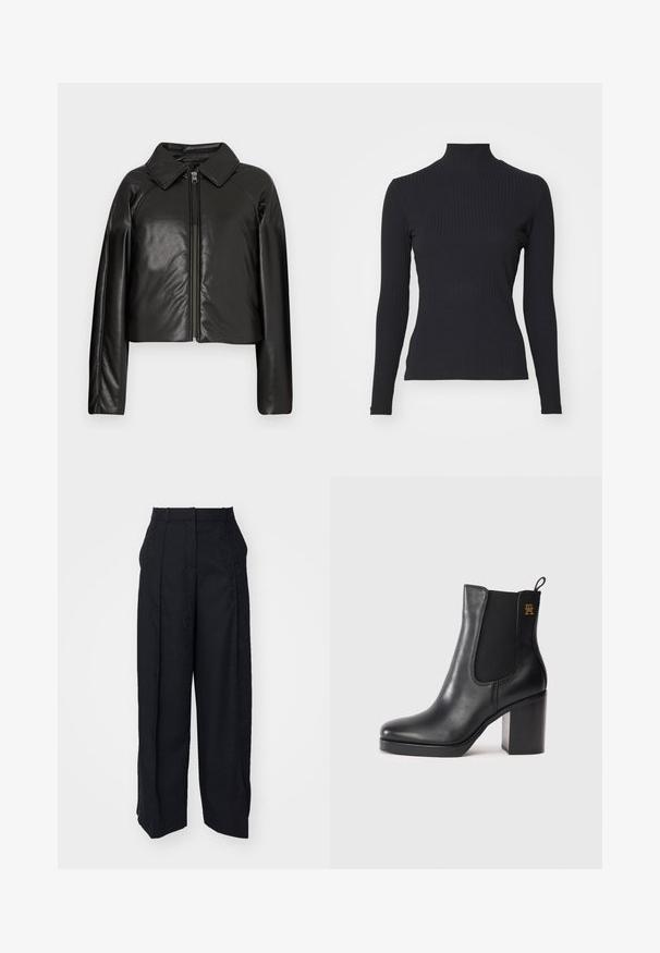 Sort kunstlæder cropped jakke med krave og lynlåslukning. Har lange ærmer og en glat, blank tekstur.; Sort ribbet turtle-sweater med lange ærmer. Lavet af strækbart stof med en tætsiddende pasform og høj krave. Enkel design uden udsmykninger.; Sorte bukser med et struktureret mønster. Har en plisseret front, sidelommer og et lige ben-design. Materialet ser glat ud.; Sorte læder ankelstøvle med blokhæl, elastisk sidesk panel, trække-løkke og lille guldlogo på den øverste side.