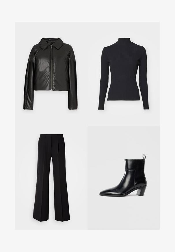 Chaqueta corta de imitación piel negra con cuello con solapa y cierre de cremallera. Presenta mangas largas y una textura suave y brillante.; Top negro de cuello alto con costillas y mangas largas. Fabricado con una tela elástica con forma ajustada y cuello alto. Diseño simple sin adornos.; Pantalones negros de tejido suave, con cintura alta, silueta de pierna ancha y dos pliegues frontales para añadir detalle de diseño.; Botín de piel negra hasta el tobillo con punta afilada, tacón apilado geométrico y una lengüeta en la parte posterior. Textura suave y diseño elegante.