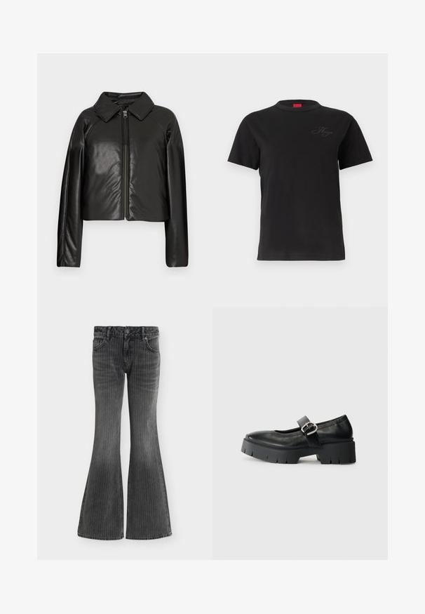 Sort kunstlæder cropped jakke med krave og lynlåslukning. Har lange ærmer og en glat, blank tekstur.; Sort T-shirt med korte ærmer og rund hals med diskret broderet "Hugo" logo på øverste venstre bryst.; Sorte denimjeans med subtile vertikale striber, forlommer, knaplukning og vide udvidede ben.; Sorte læder Mary Jane sko med en chunky platform sål, rund tå og sidelukning. Glat tekstur med minimal syning.