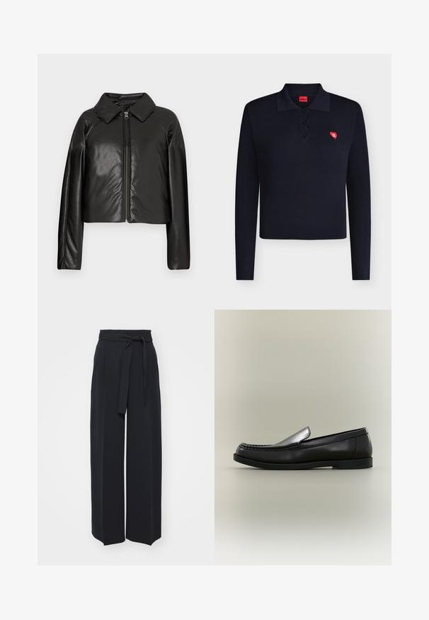 Sort kunstlæder cropped jakke med krave og lynlåslukning. Har lange ærmer og en glat, blank tekstur.; Sort langærmet poloshirt med tre knapper, ribbet tekstur, lille rødt hjerte-logo med "HUGO" på venstre bryst og rød indvendig label.; Vide sorte bukser lavet af blød stof. Har en bælteholdbar talje og frontfolder. Glat tekstur med et rent, moderne design.; Sort læder loafer med moc toe-syning, lav hæl og slip-on design mod en neutral baggrund.
