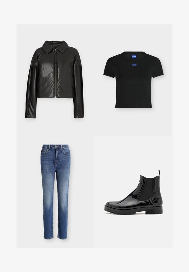 Sort kunstlæder cropped jakke med krave og lynlåslukning. Har lange ærmer og en glat, blank tekstur.; Sort kortærmet crop-top med rund hals og to små blå HUGO-mærker foran og ved kraven.; Mellemblå højtaljede straight-leg jeans med forlommer, bæltestropper, knappelukning og subtile falmede detaljer på lår og knæ.; HUGO TABITA - Gummistøvler - black