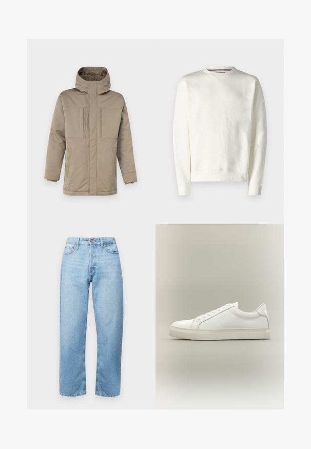 Beige winterjack met een hoge kraag, een ritssluiting aan de voorkant en twee borstzakken met kleppen. Gemaakt van een gladde, duurzame stof.; Witte sweatshirt met een ronde hals, geribde manchetten en een subtiele logodetail. Zacht materiaal met een gladde textuur en een minimaal ontwerp.; Lichtblauwe denim jeans met een rechte snit, vijf zakken en een knoopsluiting. Gladde textuur en minimale vervaging met gestikte accenten.; Witte lage sneaker met veters aan de voorkant en dikke zool, zijaanzicht tegen een neutrale achtergrond.