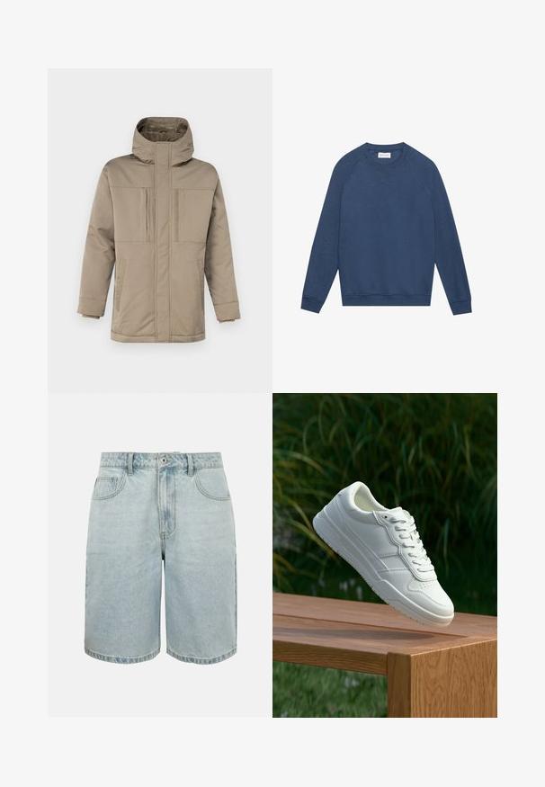 Beige talvijakku, jossa on korkea kaulus, etuvetoketju ja kaksi rintataskua läppien kanssa. Valmistettu sileästä ja kestävästä kankaasta.; Pitkähihainen sininen crewneck-huppari raglan-hihoilla, ribbikäänteillä ja helmalla, sekä pieni ommeltu "X"-yksityiskohta kaulan alla.; Vaaleansiniset farkkushortsit, joissa edessä nappi, vyölenkit ja kaksi etutaskua, valkoista taustaa vasten.; Valkoinen nahkakengät, joissa on sileä pinta, perforoitu muotoilu, klassinen nauhakiinnitys ja kumipohja, aseteltuna puupinnan ylle.