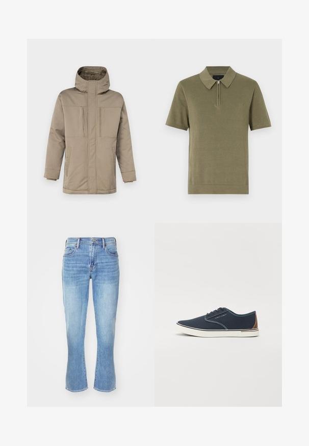 Beige talvijakku, jossa on korkea kaulus, etuvetoketju ja kaksi rintataskua läppien kanssa. Valmistettu sileästä ja kestävästä kankaasta.; Oliivinvihreä lyhythihainen polo-paita, jossa on vetoketjukaulus, teksturoitu kangas ja suora helma. Yksinkertainen ja siisti muotoilu.; Vaaleansiniset farkut suoraa leikkausta, levenevät lahkeet, viisi-taskuinen muotoilu ja hillitty haalistuminen polvien ja reiden lähellä.; Laivastonsiniset kangaskengät matalalla varrella, joissa on ruskeat yksityiskohdat, valkoinen kumipohja ja erottuvat ompeluyksityiskohdat.