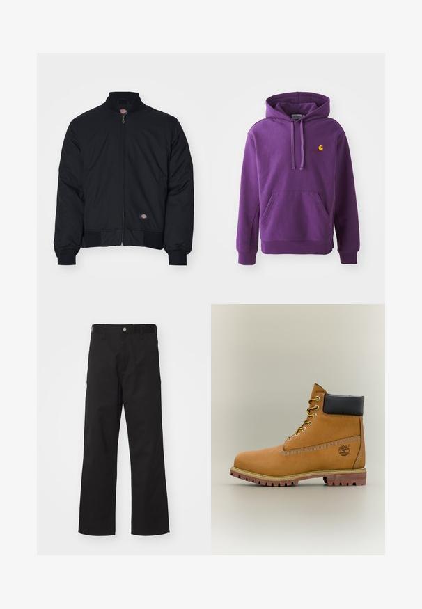 Chaqueta bomber negra de nailon, con cremallera frontal, cuello alto, puños elásticos y un pequeño logotipo en el lado izquierdo.; Sudadera con capucha púrpura, con un bolsillo delantero y puños acanalados, que presenta un pequeño logotipo naranja de Carhartt en el pecho. Textura de tela suave.; Pantalones negros de tela duradera con un corte recto, que presentan un cierre frontal con botón, passadores para cinturón y sin patrones o acentos visibles.; Bota de tobillo de cuero marrón con cuello negro, cordones amarillos y suela beige. Presenta un logotipo y detalles de costura blanca. Suela exterior con tracción robusta.