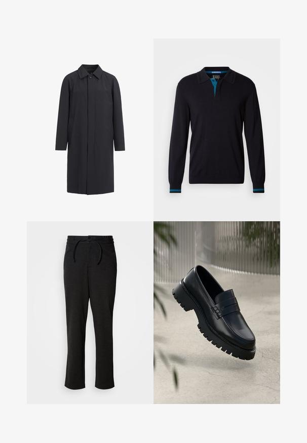 Lang sort frakke lavet af letvægtsmateriale. Har en kravehalset, frontknaplukning og sidelommer. Glat tekstur, minimalistisk design.; Scotch & Soda LONG SLEEVE POLO - Striktrøje - anthracite; Sorte strikbukser med snoreliv, lige ben og sidelommer. Blød tekstur med en glat overflade.; Sorte læder loafers med en chunky sål, der har en dekorativ rem og syninger. Glat tekstur med en poleret overflade.