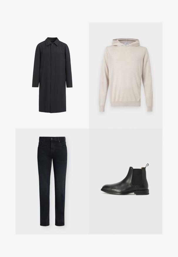 Lang sort frakke lavet af letvægtsmateriale. Har en kravehalset, frontknaplukning og sidelommer. Glat tekstur, minimalistisk design.; Lys beige langærmet pullover-hoodie med ribstrikkede manchetter og kant, glat strikket tekstur, vist på en hvid baggrund.; Sorte højtaljede slim-fit jeans med knapper foran og lommer, vist mod en ensartet lys baggrund.; Sort læder Chelsea støvle med strømlinet form, elastiske sidepaneler, en løkke på bagsiden og flad sål. Glat tekstur.