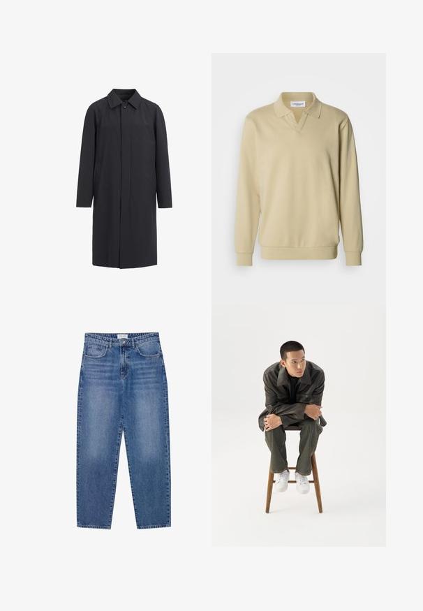 Lang sort frakke lavet af letvægtsmateriale. Har en kravehalset, frontknaplukning og sidelommer. Glat tekstur, minimalistisk design.; Beige langærmet polo med krave, der har en v-udskæring og ribstrikkede manchetter. Fremstillet af blødt stof med en glat tekstur.; Blå denim jeans med høj talje, lige ben design og slidte finish. Har fem lommer og en knaplukning.; Ung mand i mørk læderjakke og jeans sidder på en træskammel, læner sig fremad med armene krydset og kigger til siden mod hvid baggrund.