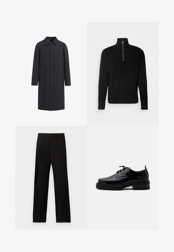 Lang sort frakke lavet af letvægtsmateriale. Har en kravehalset, frontknaplukning og sidelommer. Glat tekstur, minimalistisk design.; Lindbergh HALF ZIP RIB KNIT - Striktrøje - black; Sorte bukser med lige ben, bæltestropper og sidelommer på en ensartet hvid baggrund.; Sort poleret læder snørestøvle med tyk gummisål og lav hæl, sideskilt med mærketekst "SAMSOE" og bageste træksnor.