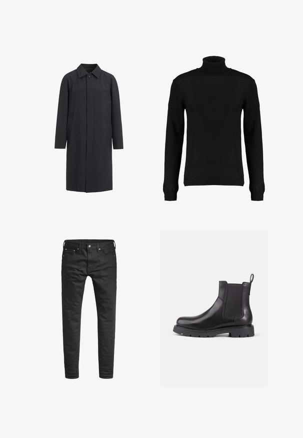 Lang sort frakke lavet af letvægtsmateriale. Har en kravehalset, frontknaplukning og sidelommer. Glat tekstur, minimalistisk design.; Sort turtleneck sweater i et glat strikket stof, med lange ærmer og en tætsiddende silhuet. Ribstrikkede manchetter og kant.; Sorte slim-fit jeans med forlommer, bæltestropper og en knappelukning, præsenteret mod en hvid baggrund.; Sorte læder Chelsea støvler med elastiske sidepaneler, rund tå og tekstureret gummisål. Har en bageste strop for nem påtagning.