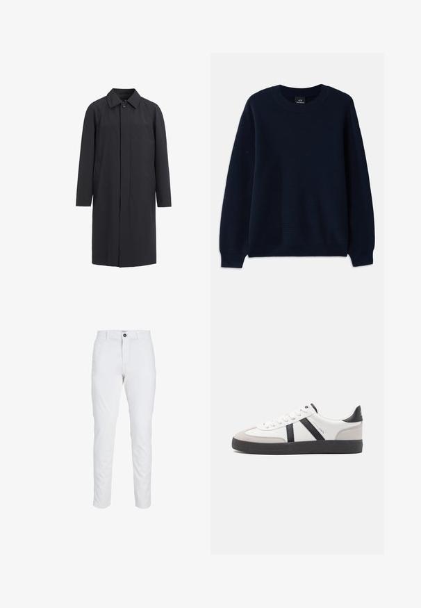 Lang sort frakke lavet af letvægtsmateriale. Har en kravehalset, frontknaplukning og sidelommer. Glat tekstur, minimalistisk design.; Marineblå ribbet sweater med rund halsudskæring og lange ærmer. Har et tekstureret mønster gennem hele stoffet.; Hvide bomuldsbukser med slim fit, knaplukning og sidelommer. Glat tekstur med lige ben og uden synlige mønstre.; Hvide sneakers med sorte og grå detaljer, med en tekstureret grå tåhætte, sort gummisål og flade hvide snørebånd. Rent design, minimalistisk stil.