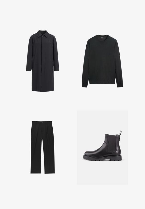 Lang sort frakke lavet af letvægtsmateriale. Har en kravehalset, frontknaplukning og sidelommer. Glat tekstur, minimalistisk design.; Sort langærmet rundhalsstriktrøje med ribbet manchetter og kant, vist fladt mod en hvid baggrund.; Sorte bukser med lige ben, lavet af et glat stof. Har frontfolder og en enkelt knaplukning i taljen.; Sorte læder Chelsea støvler med elastiske sidepaneler, rund tå og tekstureret gummisål. Har en bageste strop for nem påtagning.