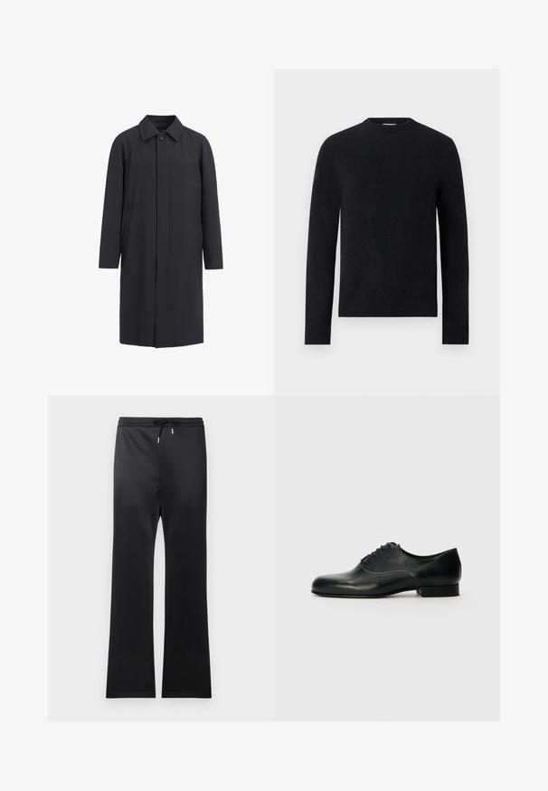 Lang sort frakke lavet af letvægtsmateriale. Har en kravehalset, frontknaplukning og sidelommer. Glat tekstur, minimalistisk design.; Sort langærmet crew neck trøje med enkelt, tætsiddende design uden synlige mønstre eller logoer.; Sorte træningsbukser med snoretræk i taljen, lavet af glat stof. Bredde i benene og minimalistisk udseende uden mønstre.; Filippa K DERBY - Business sko - black