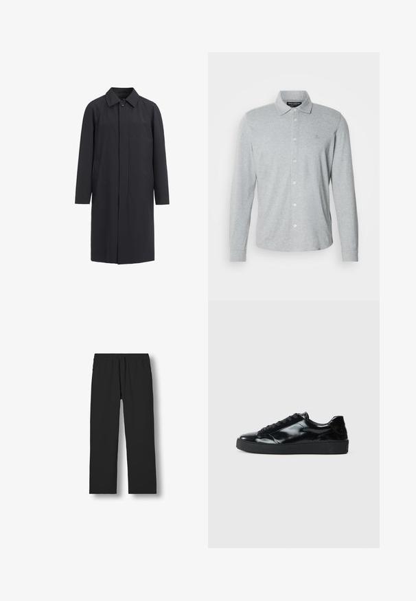 Lang sort frakke lavet af letvægtsmateriale. Har en kravehalset, frontknaplukning og sidelommer. Glat tekstur, minimalistisk design.; Langærmet grå poloshirt lavet af blød bomuld, med knaplukning foran, spidst krave og diskret logo på brystet.; Sorte bukser med lige ben, elastisk talje og snøre, vist fladt på en hvid baggrund.; Sorte laklæder sneakers med rund tå, snørredesign, tekstureret gummisål og en glat overflade.