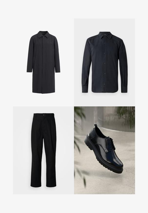 Lang sort frakke lavet af letvægtsmateriale. Har en kravehalset, frontknaplukning og sidelommer. Glat tekstur, minimalistisk design.; Sort langærmet skjorte med standard krave, frontlukning med knapper, lavet af glat stof, med lige pasform og med knaplukning ved ærmerne.; Sorte lige ben bukser med en knaplukket talje, bæltestropper og en frontfold, præsenteret mod en ensfarvet hvid baggrund.; Sorte lædersko med en blank overflade, rund tå, snøredesign, kontrastsyninger og en tyk gummisål med mønster.