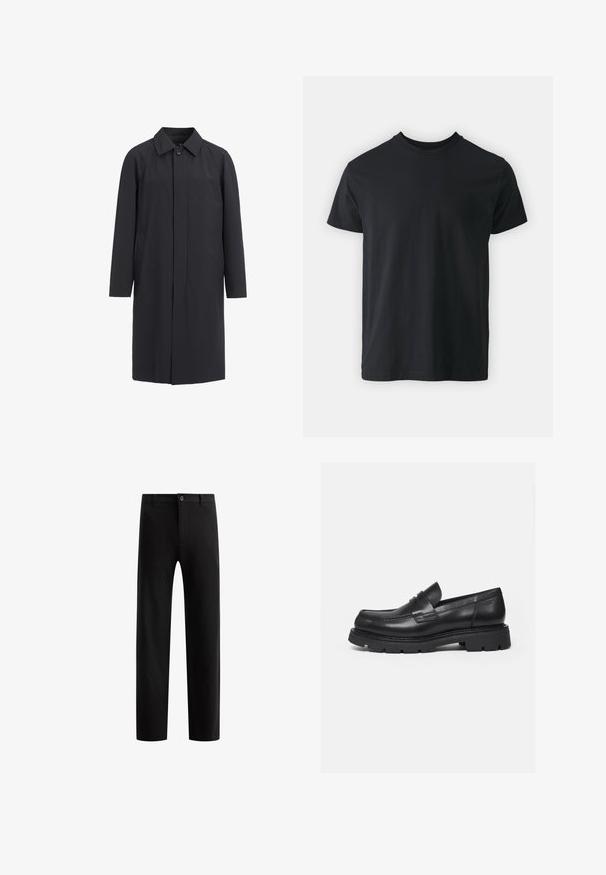 Lange zwarte jas van lichtgewicht materiaal. Kenmerken zijn een kraag, sluiting met knopen aan de voorkant en zijzakken. Gladde textuur, minimalistisch ontwerp.; Zwart katoenen T-shirt met korte mouwen, ronde hals en een relaxte pasvorm. Glad textuur en rechte zoom, geen zichtbare graphics of patronen.; Zwarte, op maat gemaakte broek met een platte voorkant, rechte pijpen, enkele knoopsluiting en lussen voor een riem, gemaakt van een gladde stof zonder zichtbare patronen.; Zwarte leren loafer met dikke geribbelde zool en pennyriemdetail, getoond in rechter zijprofiel op witte achtergrond.
