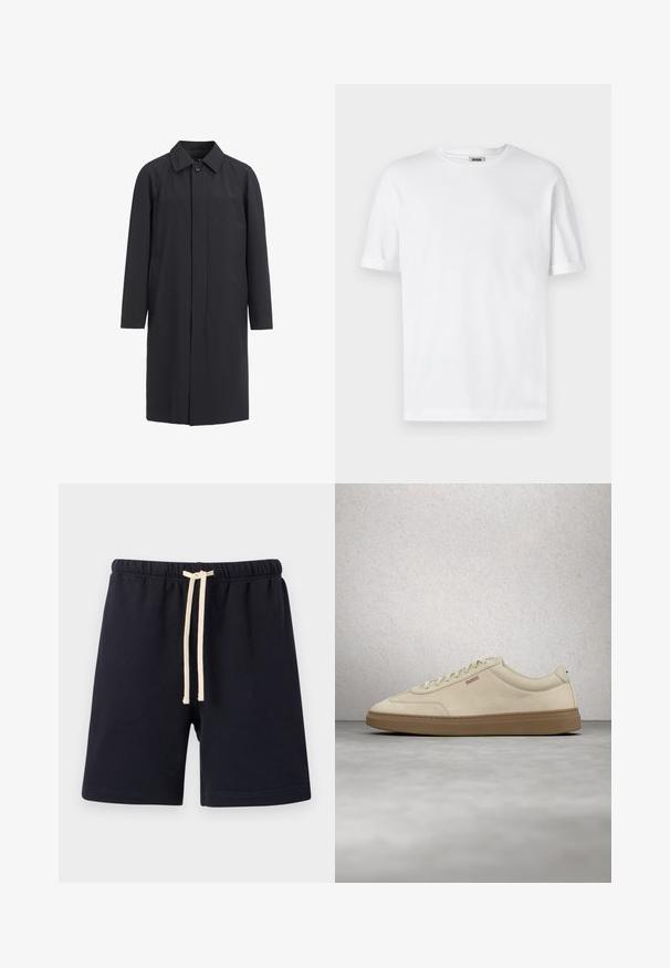 Lang sort frakke lavet af letvægtsmateriale. Har en kravehalset, frontknaplukning og sidelommer. Glat tekstur, minimalistisk design.; Hvid bomulds T-shirt med rund hals, korte ærmer og oprevet manchetter; enkel design, blød tekstur og lige snit.; Sorte shorts med elastisk talje og beige snørre, der går til knæene, lavet af blødt stof mod en ensfarvet lys baggrund.; Lyse beige ruskindssneaker med gummisål i farven gum, tydelige snørebånd og fine syningsdetaljer. Ren design med et minimalistisk æstetisk udtryk.
