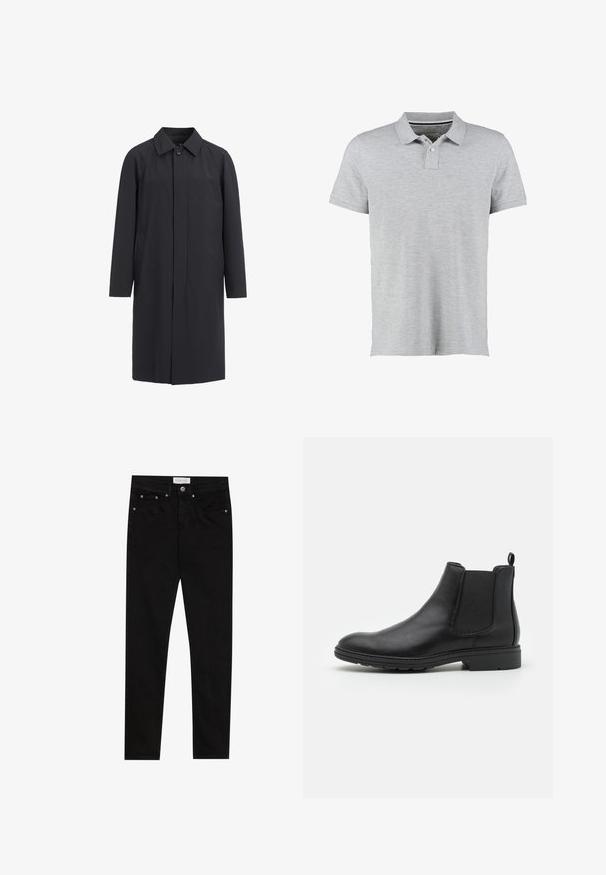 Lang sort frakke lavet af letvægtsmateriale. Har en kravehalset, frontknaplukning og sidelommer. Glat tekstur, minimalistisk design.; Grå polo skjorte med korte ærmer, lavet af blødt stof, med en to-knaps placket og et subtilt ribbet kravedesign.; Sorte denim skinny jeans med en glat tekstur, fem-lomme design, kontrasterende syninger og et mærket bælteskilt.; Sort læder Chelsea-boot med elastiske sidepaneler og en løftestrop, der har en rund tå og en tekstureret gummisål.