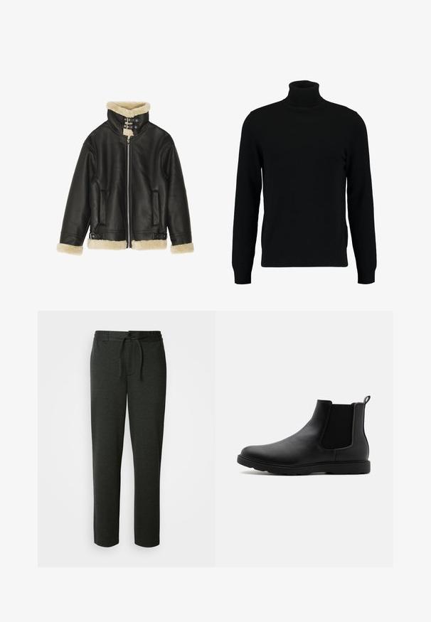 Veste en cuir noir avec col et poignets en shearling beige pelucheux. Dispose d'une fermeture éclair sur le devant et de deux poches latérales. Design robuste avec boucles.; Un pull à col roulé noir en matière tricotée douce. Il possède des manches longues, un col et un ourlet côtelés. Son design est simple et épuré, sans motifs.; Pantalons de jogging gris foncé en mélange de coton doux. Comprend une taille élastique avec cordon de serrage et des poches latérales. Design à jambes droites.; Bottine Chelsea en cuir noir avec des panneaux latéraux en élasthanne, une languette et une semelle en caoutchouc durable. Texture lisse et design épuré.